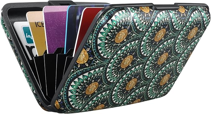 ELFISH RFID Blocking Credit Cards Holder Aluminum Wallet Metal ID Case for Men Women(Peacock Feathers)
