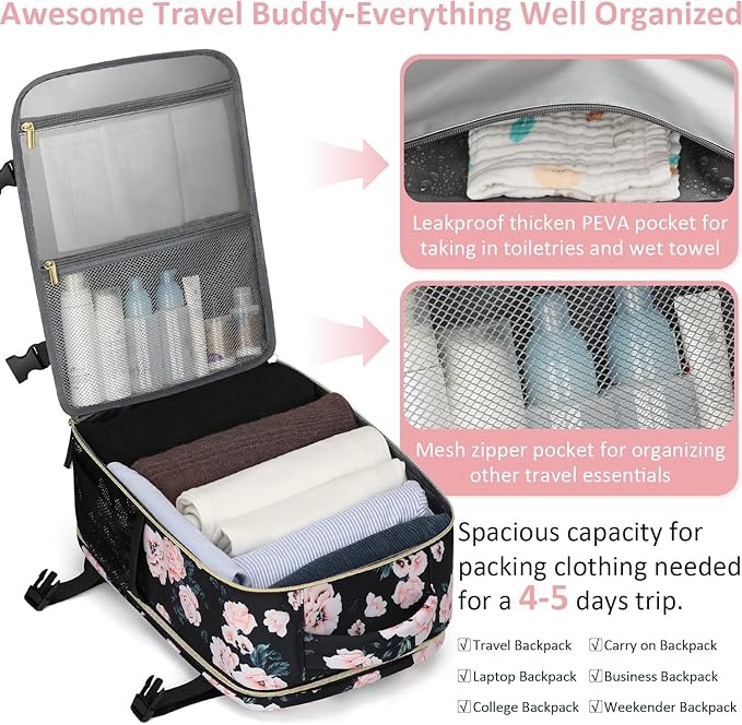 Tenot Carry on Backpack for Women TSA Approved 15.6 Inch Travel Laptop Backpack for Women Travel Essentials Foldable Womens Travel Backpack Suitcase Pink Floral