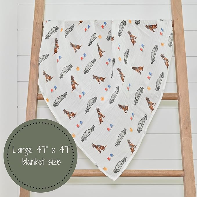 LollyBanks Muslin Swaddle Blanket, 100% Muslin Cotton Blankets for Baby Boys, 47 X 47 Inches Soft and Cozy Swaddle for Newborn Baby, Newborn Essential (Police Dog Print)