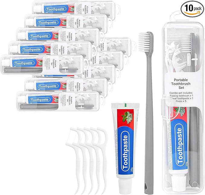Travel Toothbrush Kit Includes Travel Toothbrushes, 25g Travel Toothpaste, 5 Floss Picks, Storage Case, Individually Packaged, Suitable for Home, Travel, and Hotel Use (10-Pack)