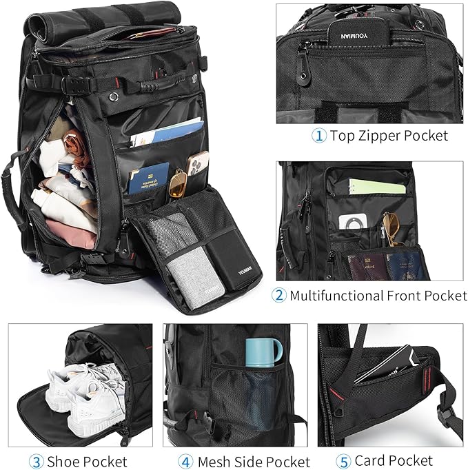 YOUMIAN Large Capacity For Travel Hiking Sports Carry On Backpack Durable Convertible Duffle Bag Laptop airplane (Black, 60L-Large DualMainOpening)
