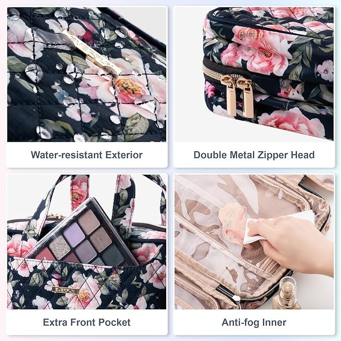 Everfun Hanging Toiletry Bag for Travel, 12x9x4.5 inch Large Capacity Cosmetic Organizer with Leakproof Wet/Dry Compartment, Waterproof Dopp Kit Toiletries Bag for Women Black Floral