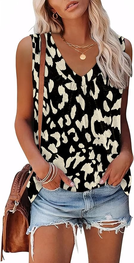 OFEEFAN Tank Top for Women Loose Fit Sleeveless Shirts V Neck Summer Clothes Ruched Women's Tees and Tanks Curved Hem