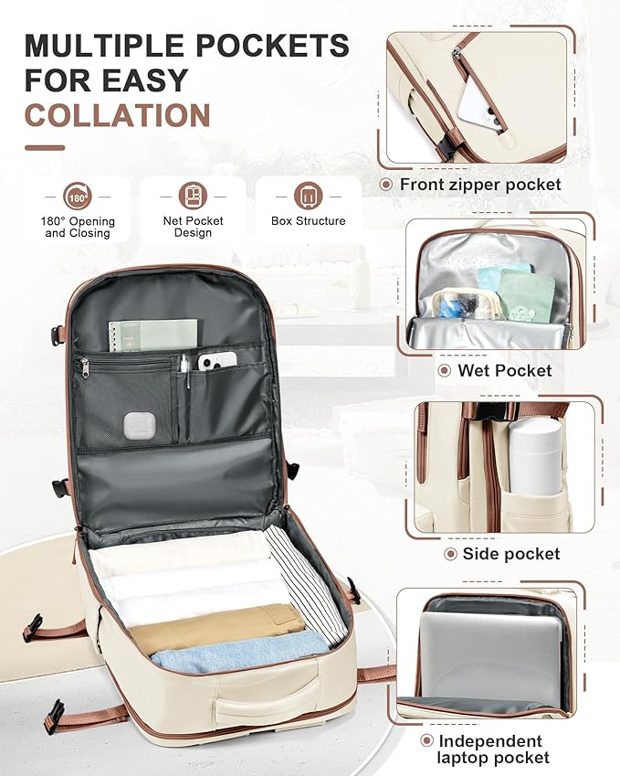 VGCUB Travel Backpack for Women Men for Spirit Airlines Personal Item Bag 18x14x8 Inches Laptop College Backpack,Waterproof Carry on Flight Approved Work Backpack Mochila de Viaje,Large Beige brown