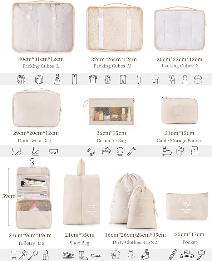 Packing Cubes for Suitcase 11PCS Luggage Packing Organizers Travel Essentials Luggage Organizer Hooked Toiletry Bag Cosmetic Bag and Shoes Bag, Beige
