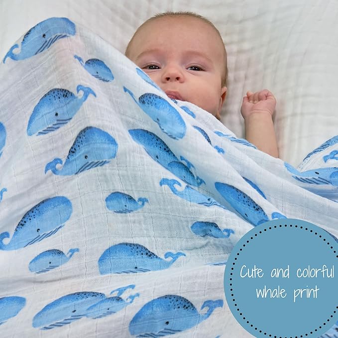 LollyBanks Muslin Swaddle Blanket, 100% Muslin Cotton Swaddles for Baby Boys Breathable and Lightweight, 47 X 47 Inches Newborn Receiving Blanket for Boys, Baby Essential, Registry (Whale Print)