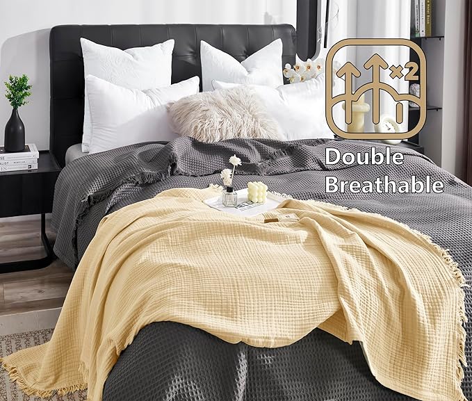 KyraHome 100% Organic Cotton Muslin Blankets for Adults, Large 60"x80", Plant Dyed, Lightweight Breathable Gauze Throw Blanket for Couch, Picnic, Summer All Season (Shortbread/Creamy)
