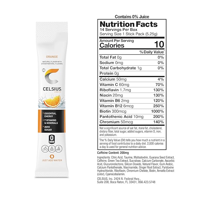 CELSIUS On-the-Go Powder Stick Zero Sugar,Orange,5.20 Oz,(Pack of 28)