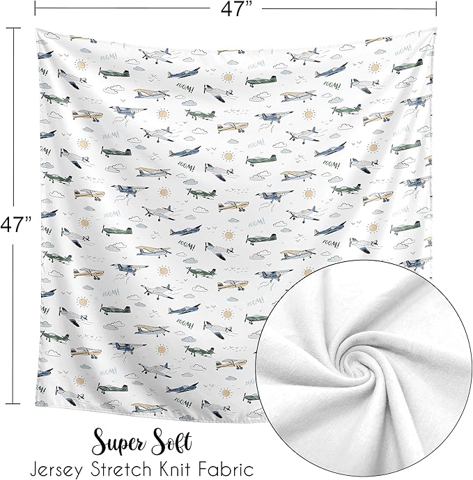 Sweet Jojo Designs Green Vintage Airplane Boy Baby Swaddle Blanket for Infant, Newborn Lightweight Jersey Stretchy Receiving Security Stroller Cover - Airplanes, Transportation, Clouds, Sun, Aviator