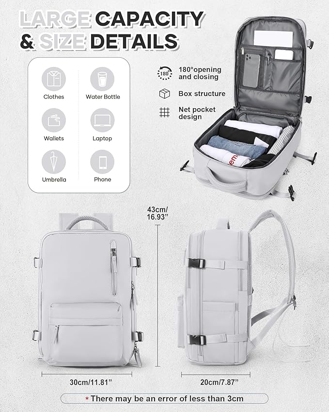VECAVE Carry On Backpack for Women, Airline Approved Personal Item Large Travel Backpack Flight Approved, Waterproof Laptop Bag Business Work Gym Backpacks Men Grey Mochila De Viaje