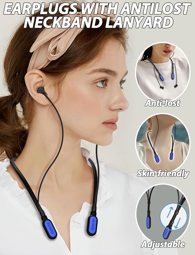 HALLEAST Earplugs for Concert, Noise Reduction, Hearing Protection, with Removable Ear Plug Lanyard, Safety Connector Cord Strap Neckband – SNR 26dB, NRR 14dB, Black Plug + DarkBlue Tip