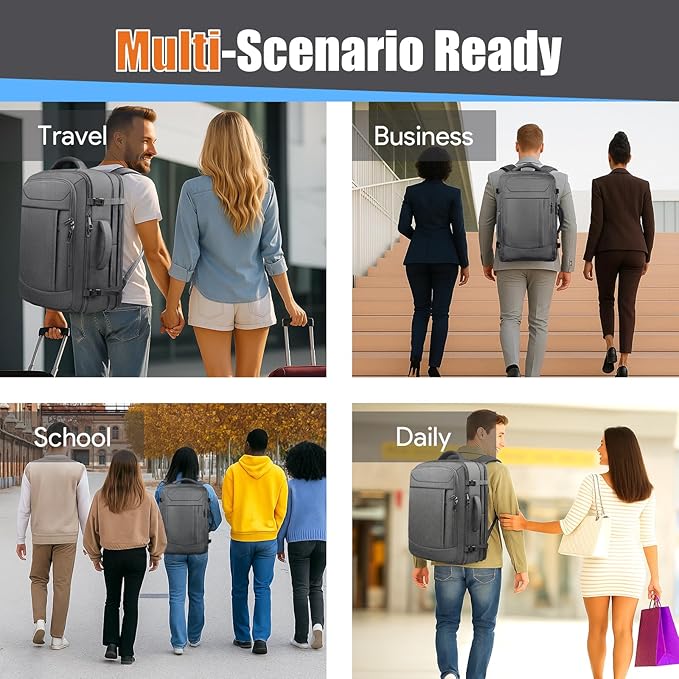 Expandable Carry on Backpack 50L-60L, Extra Large Travel Backpack Hiking Camping Rucksack with Waterproof Wet Pocket, Anti-Theft 19 Inch Gaming Laptop Bag for Road Trip Outdoor Sports, Grey