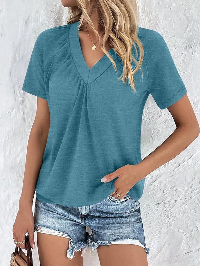 AUTOMET Womens Tops Short Sleeve V Neck T Shirts 2026 Summer Spring Beach Vacation Clothes Casual Loose Ruched Top
