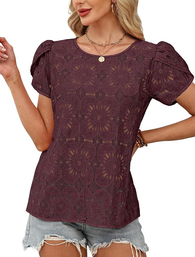 OFEEFAN Blouses for Women Dressy Casual Petal Short Sleeve Shirts Crochet Lace Boho Tops Spring Fashion Summer Outfits