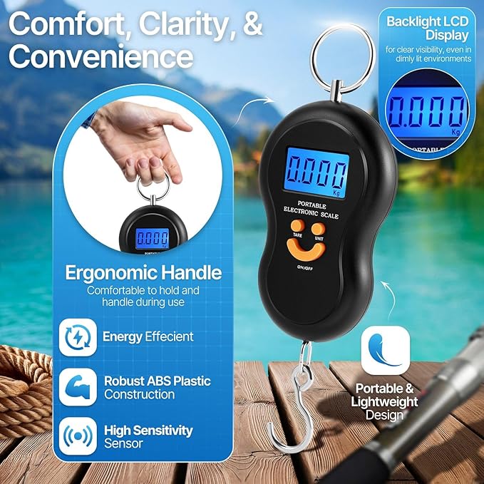 Flexzion Digital Hanging Scale – 110lb/50kg Portable Luggage Scale, and Fish Scale with Electronic Backlight LCD, Stainless Steel Hook, 2 AAA Included