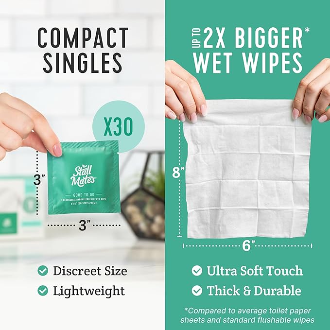 Stall Mates - Flushable Wipes, Individually Wrapped, Travel Friendly, Unscented with Cucumber, Vitamin-E & Aloe, (30 on-the-go singles)