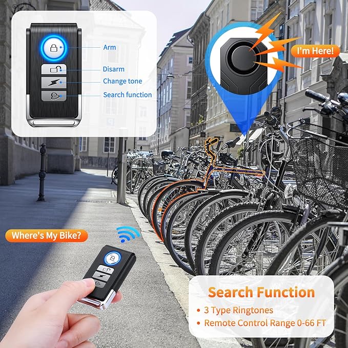 WSDCAM 113dB Wireless Bike Alarm with Remote, Rechargeable Bicycle Alarm System Anti Theft, IP65 Waterproof, 3 Volume Bike Alarms for E-Bikes, Motorcycles, Scooter, Outdoor Riding and Cycling Safety