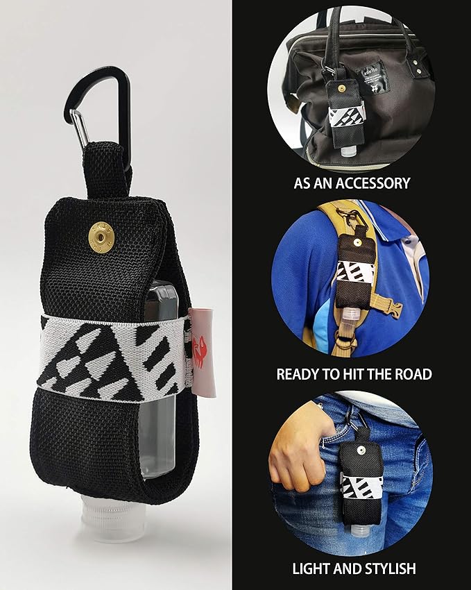 Travel Size Hand Sanitizer Holder,Bottle Case and Carabiner Carrier bag-Portable Mini Waist Bag for Liquids Clip On Belt Loop, Backpack and Purse - Includes Empty 60ml/ 2 oz Reusable Bottle (Black)
