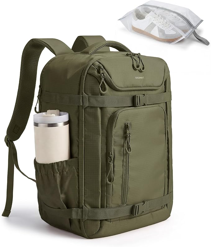 BAGSMART 40L Travel Backpack for Women & Men Fits 17-Inch Laptop, Airline Approved Carry On Backpack with Wet Pocket & Shoe Pouch, Water-Resistant Personal Item Travel Bag, Olive green