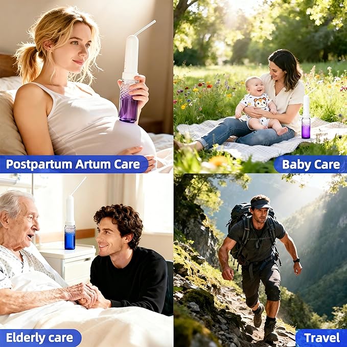 Portable Bidet for Travel & Postpartum Care - 320ML Handheld Peri Bottle with 3 Pressure Settings & 800mAh Battery, IPX6 Waterproof for Women Hygiene and Outdoor Use (Purple, 320ml)