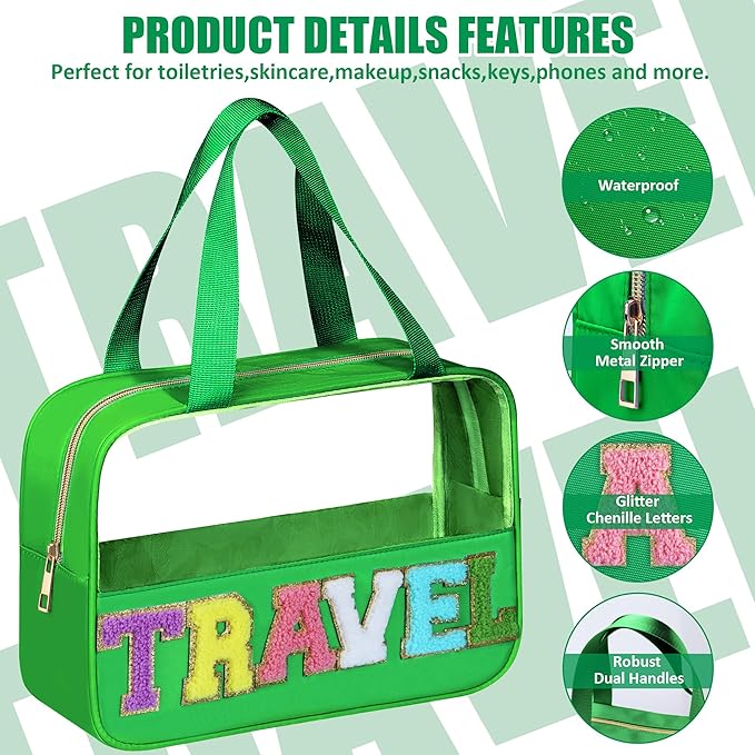 BuyCard Chenille Letter Patch Clear Travel Bags, Preppy PVC&Nylon Makeup Bag with Handle and Zipper, Waterproof Large Clear Travel Toiletry Bag Storage Bag for Women Girls