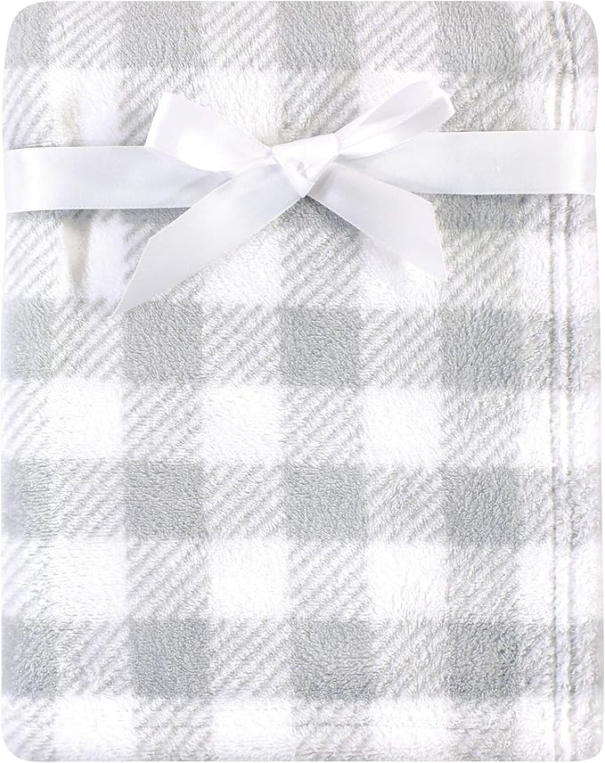 Luvable Friends Unisex Baby Coral Fleece Blanket, Gray Plaid, One Size