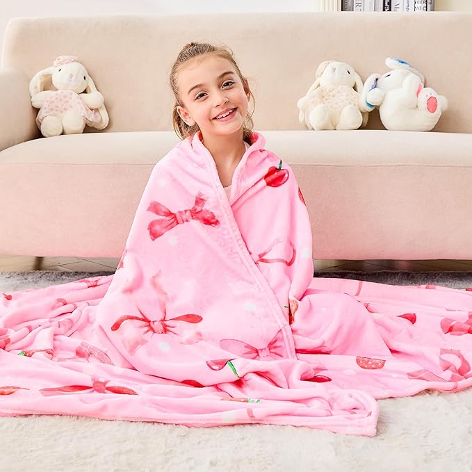 Wajade Strawberry Bow Gifts for Boys Girls - Strawberry Bow Blanket Birthday Christmas Decor for Kids Age 3 4 5 6 7 8 9 10 11 12 Years Old Teens Child Toddler Throw Light Grey 60"x80"