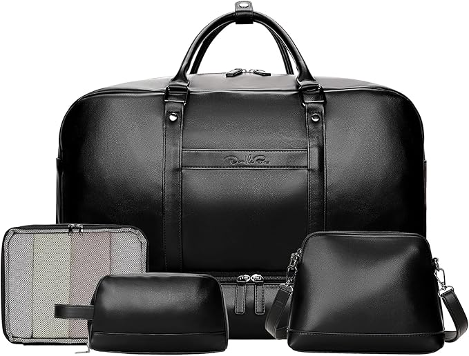 Large 4-in-1 Leather Duffle Bag for Travel Weekender Overnight Hospital Gym Bag for Men & Women, Carry On Airline Approved Personal Item Duffel Garment Bag Luggage with Shoe Compartment & Toiletry Bag