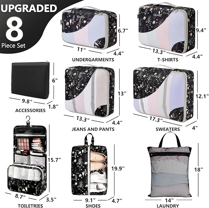 8 Set Packing Cubes for Travel, Gifts for Women Mom,Anti-Tearing Suitcase Organizer for Luggage with Shoe & Hanging Toiletry Bag,OlarHike Vacation Essentials & Accessories for Cruise Ship,Black Flower