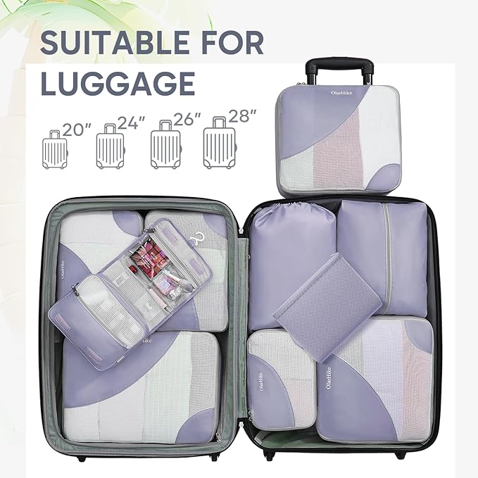 OlarHike ALL INCLUDED 10 Set Durable Packing Cubes for Travel,Gifts for Women Mom,Luggage & Suitcase Organizers with Toiletry Bag,Vacation Essentials for Cruise & Plane,Beach Accessories,Purple Gray