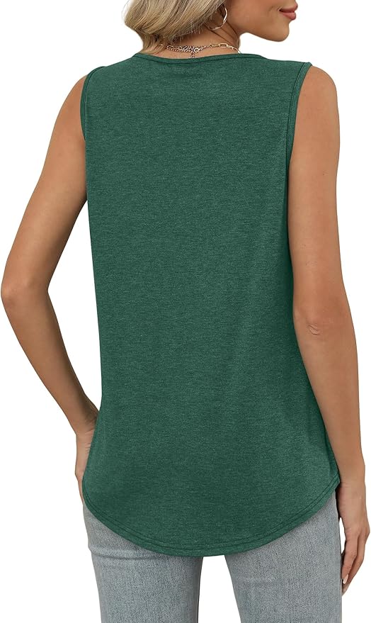 OFEEFAN Tank Top for Women Loose Fit Sleeveless Shirts V Neck Summer Clothes Ruched Women's Tees and Tanks Curved Hem