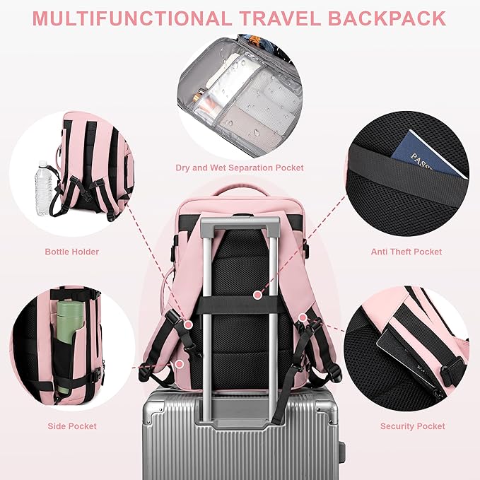 BAGOK Carry On Travel Backpack, Expandable Extra Large Airline Approved,Lightweight Daypack for Men and Women（Pink）