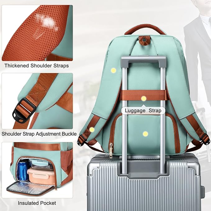 BOVIP Travel Backpack For Men Women,40L Carry On Backpack Flight Approved,TSA Personal Item Travel Bag Fits 17 Inch Laptop,Business Weekender Overnight Daypack Light Green