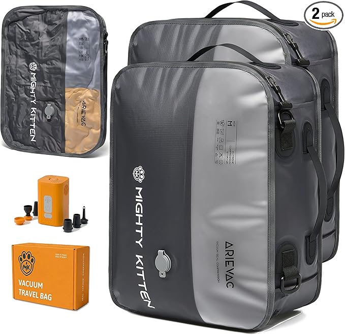 IKYWT Travel Vacuum Seal Bag with Pump, 21L Compression Packing Cube Kit with 270° Zipper, Reusable Waterproof Vacuum Storage for Carry-On & Small Checked Luggage (2-Pack)