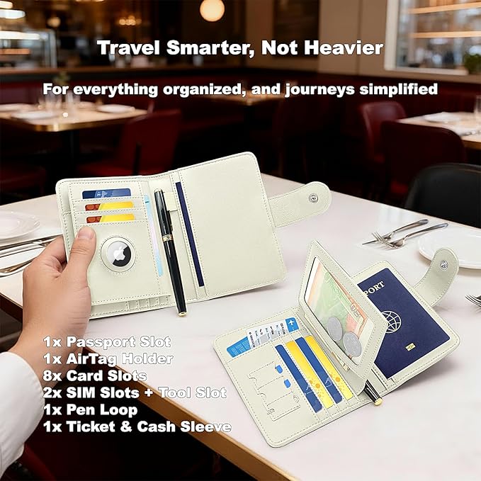 Passport Holder for Travel, RFID Blocking Leather Airtag Wallet for Women Men, Large Passport Cover Essentials Gift, Tickets, Cash, Photo, Sim Card Pen Slot, White
