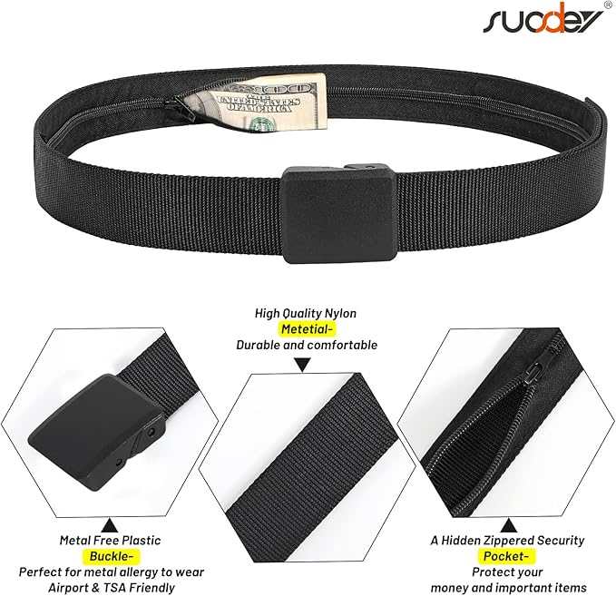 SUOSDEY Travel Money Belt, Nylon Hidden Money Pocket Belt with Plastic Buckle