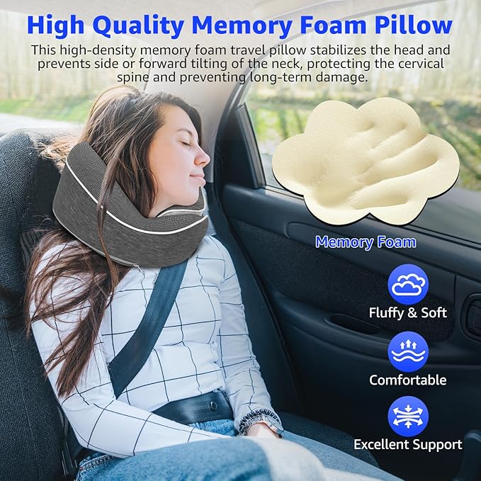 Travel Pillows for Airplanes Ergonomic Memory Foam Neck Pillow for Travel - 360° Head & Neck Support for Sleeping on Flights, Cars, Trains & Office (Dark Gray-2)