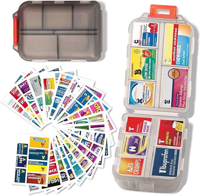 iouwei Large Pill Organizer with Medicine Labels - 7 Day Travel Daily Container, Mini Medication Storage Case (Grey, 161 Labels)