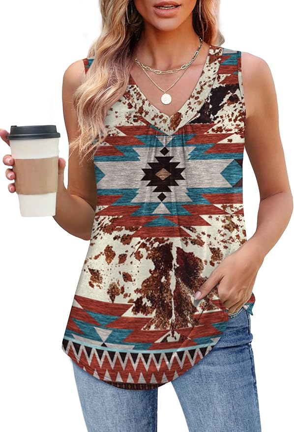 OFEEFAN Tank Top for Women Loose Fit Sleeveless Shirts V Neck Summer Clothes Ruched Women's Tees and Tanks Curved Hem