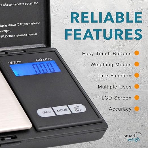 Smart Weigh SWS600 Elite 600g x 0.1g Digital Gram Scale, Pocket Sized Jewelry, Nutrition Kitchen, and School Scale, Slim Design, Black