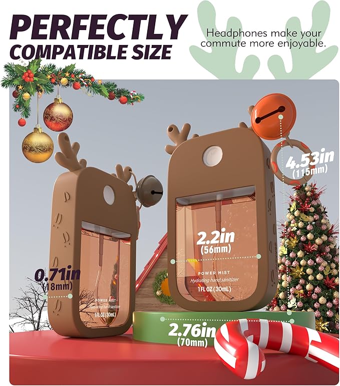 Sonnorel 1 Pack Elk Silicone Case Compatible with Touchland Hand Sanitizer Spray (Fit for 1 FL OZ/30 mL Ver), Portable keychain, Small Bell, Cute Deer Antlers (Brown)