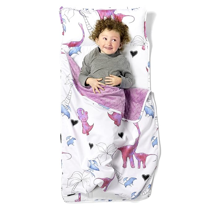 JumpOff Jo Nap Mat for Kids - Cozy Kids Rest Mat with Removable Pillow and Ultra Soft Blanket for Preschool, Daycare, and Sleepovers - Pink Dino