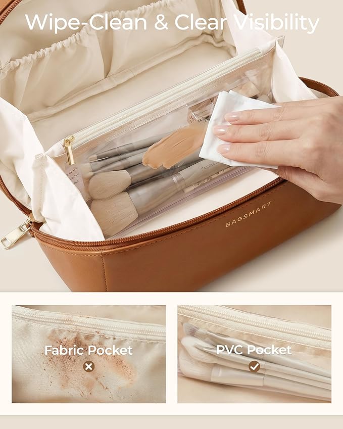 BAGSMART Makeup Bag Travel Cosmetic Bag, Large Make Up Bag Flat Open Toiletry Bag for Women, PU Leather Travel Essentials Organizer Case, Wide-open Pouch Purse for Skincare, Brushes, Vintage Brown