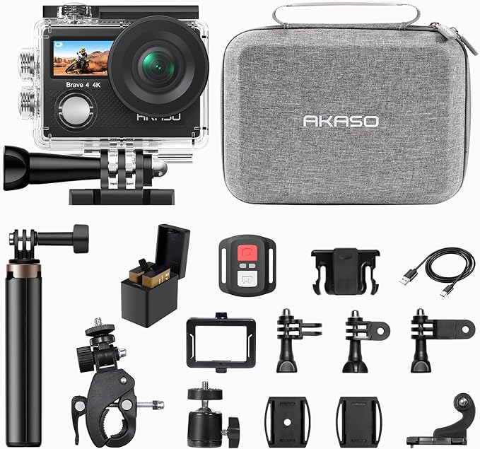 AKASO Brave 4 Action Camera with Selfie Stick Tripod and Carrying Case Bundle - 4K30 20MP Ultra Hd EIS 131ft Underwater Camera 5xZoom Dual Screen with Helmet and Bicycle Accessories Kit