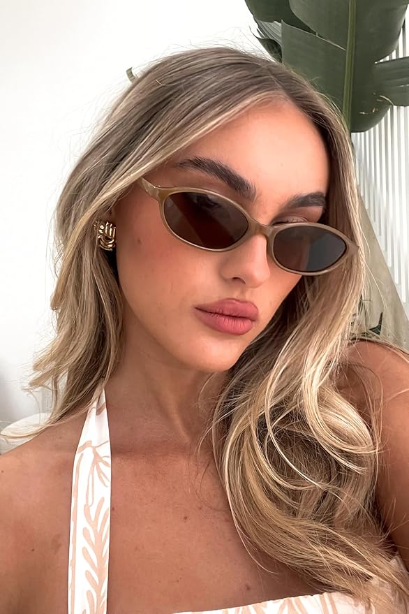 GUVIVI Retro Oval Sunglasses for Women Chic Cat Eye 90s Sunnies Lightweight Narrow Shades Trendy UV protection Sun Glasses