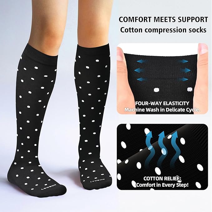 LEVSOX Cotton Compression Socks for Women&Men 20-30mmHg Knee High Cute Support Sock for Nurses Pregnancy Travel