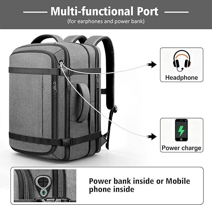 Comfort Travel Backpack with LifetimeWarranty,Expandable Carry on Backpack 1-5 Days with USB Cable Port,Fits 17.3" Laptop Notebook,Water Resistant Backpack Flight Approved Hiking,College Travel,Grey
