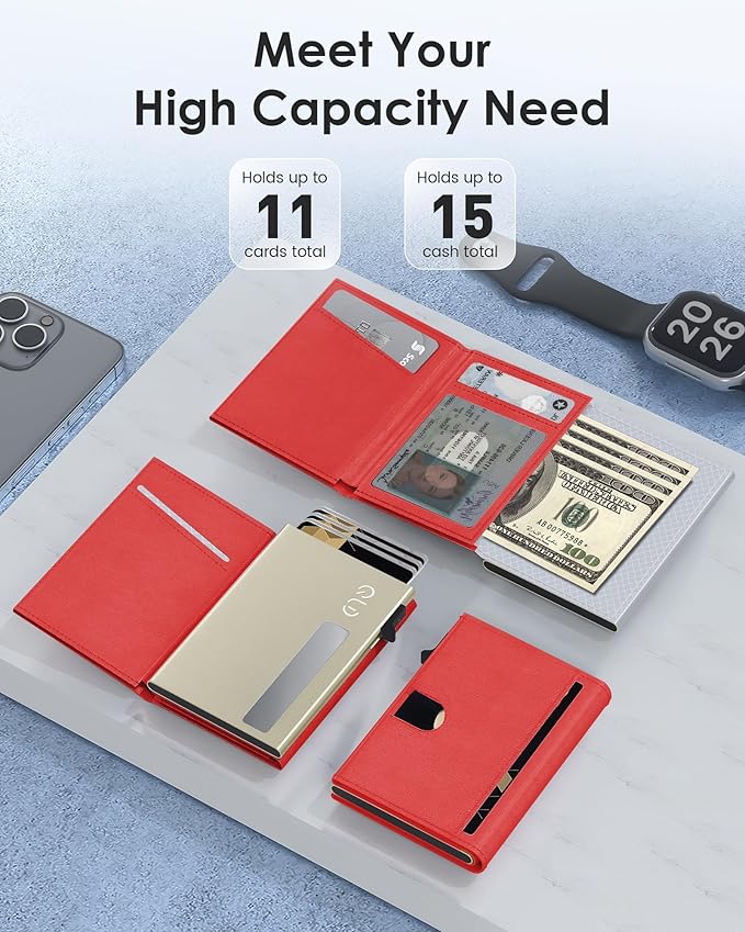 QLD RFID Wallet for Women - Small Slim Trifold Wallet Anti-Theft Pop up Card Holder, Minimalist, Ultra Thin, Front Pocket, Premium Leather, 9-11 Cards Capacity | ID Window | Cash Slot
