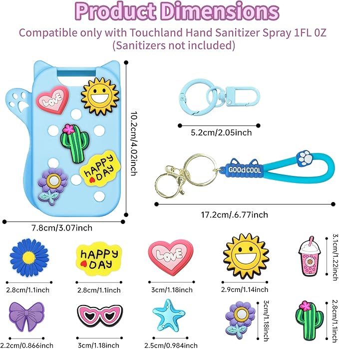 Mlife Hand Sanitizer Spray Case for Touchland Silicone Touchland Case Cat Silicone Case compatible with Touchland Power Mist 1FL OZ/30ML with Keychain &10Pcs Charms(Blue)
