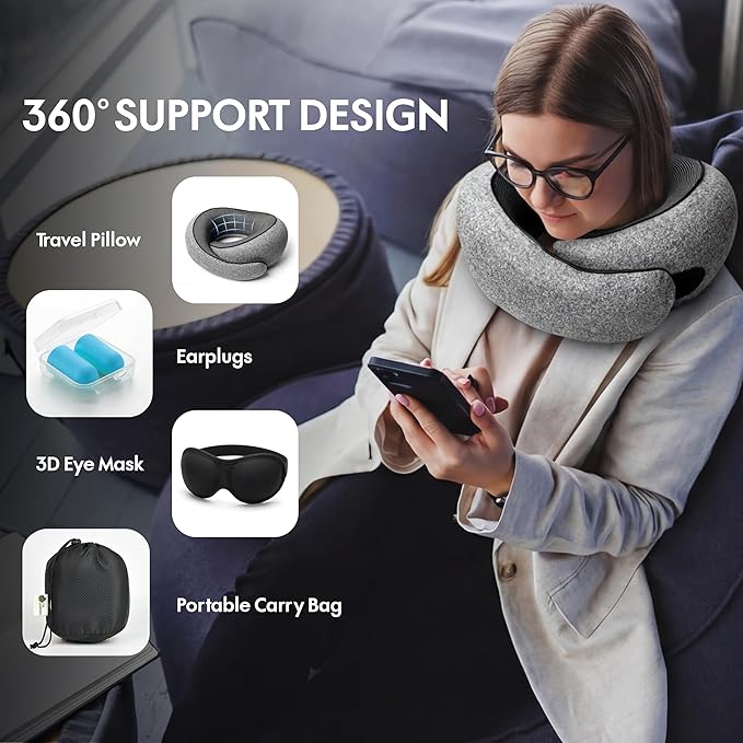 Travel Neck Pillow 100% Memory Foam, Ergonomic 360° Support Pillow for Flights, Car, Office & Train, Breathable Travel Essentials for Adults & Kids, Neck Pain Relief, (GREY)